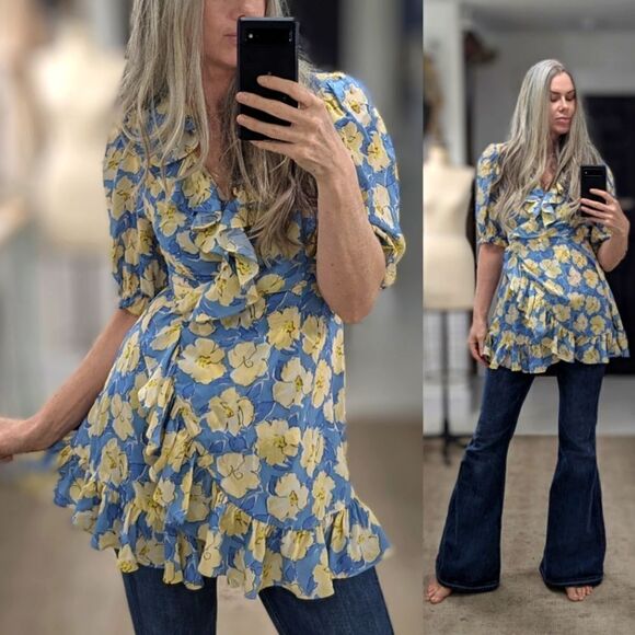 Rixo Silk Floral Wrap Mini Dress - Picture 2 of 9